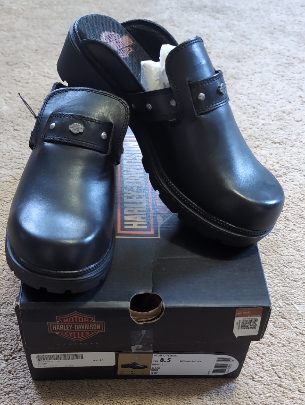 Harley-Davidson Elsie Black Leather Slip-On Clogs with Stud Accents - NIB
